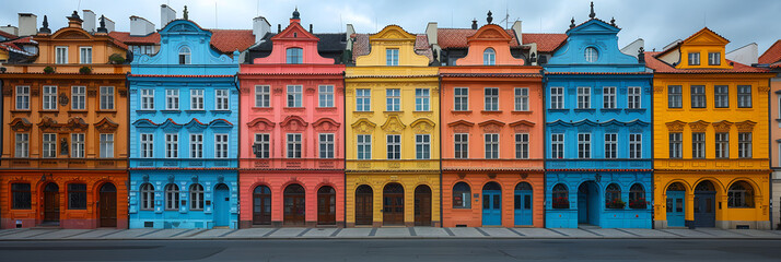Fototapeta na wymiar Detail of facades of houses near Old Town Square, Colorful building with blue door and yellow windows