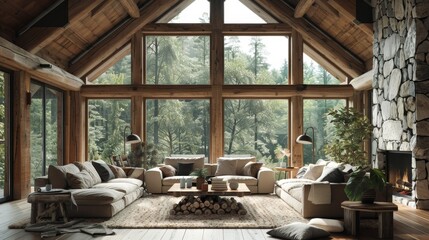 a contemporary mountain home interior, featuring warm wooden elements, a cozy fireplace, and large windows offering forest views.