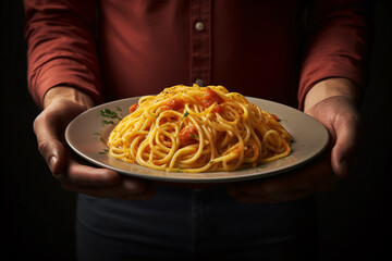 A person holding a plate of spaghetti with tomato sauce in a front view, against a dark background, in the style of food photography for advertising