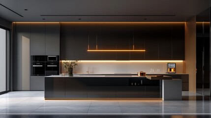 a sleek and stylish minimalist kitchen with modern aesthetics, featuring clean lines and a monochromatic color palette.