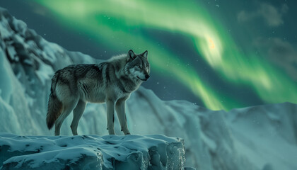 A wolf stands on a snowy cliff with the green glow of the aurora borealis in the night sky