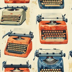 Vintage Typewriters: Designs inspired by classic writing instruments and typed letters. For Seamless Pattern, Fabric Pattern, Tumbler Wrap, Mug Wrap. - obrazy, fototapety, plakaty