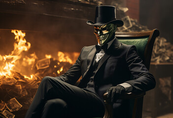 A man in a mask sitting on a chair wearing a black tuxedo and top hat surrounded by money flying around him in a burning room background