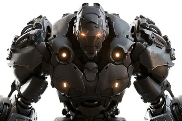 Naklejka premium Fierce cyborg warrior with glowing eyes and mechanical armor, serving as an intimidating mascot for an e-sports team, on isolated white background,Generative AI