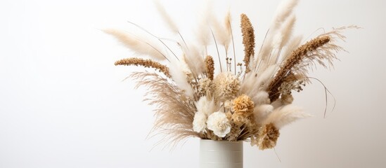 A vase filled with dried flowers stands elegantly against a white wall, adding a touch of beauty and nature to the room. The dried flowers create a sense of nostalgia and tranquility