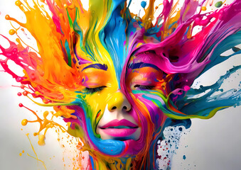 芸術の概念でカラフルな塗料を顔に塗った若い女性