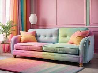 Fototapeta na wymiar Pastel living room with modern colorful sofa
