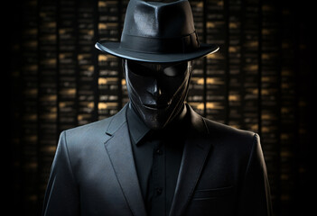 A mysterious man in black mask and hat wearing dark gray suit standing cool pose, background of stock trading floor, black gold color tone, dark background
