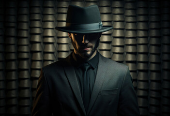 A mysterious man in suit and hat, hidden face behind the hat. Dark background with metallic wall paneling
