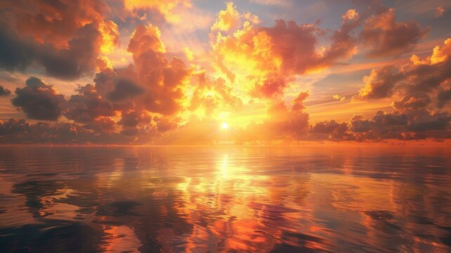 Vivid sunset skies above tranquil ocean waters - A mesmerizing view of the sun setting beneath a canvas of vibrant orange clouds reflecting on calm sea waters, encapsulating the beauty of nature