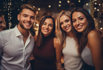 3 beautiful women and 1 handsome man stylish outfits in an elegant party, smiling and looking into the frame, background is blurred with lights, creating a warm atmosphere