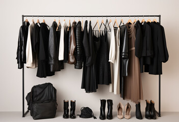 A minimalist rack with an assortment of black and neutral toned outfits, including leather jackets, dresses, trouser sets, high heels, boots, pants, and backpacks, against a clean white background.