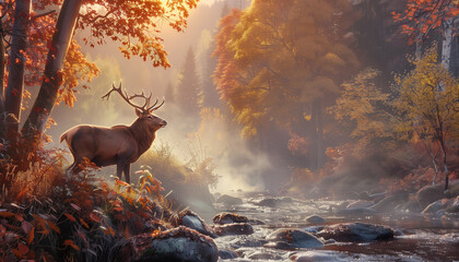 An elk stands next to a river, surrounded by the warm glow of an autumn forest in the morning mist