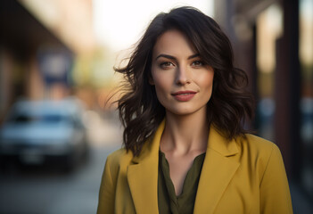 portrait of a beautiful woman in a yellow blazer casual shoulder-length dark brown hair with highlights green eyes walking down the street blurry background bokeh effect, cityscape 