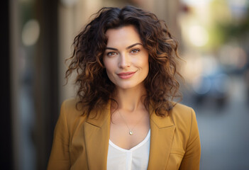 A Caucasian woman in 30s curly hair in blazer standing on the street looking at the camera and smiling on a sunny day with soft light and a bokeh background showing natural skin texture 