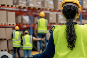 Photo of a worker in a safety vest and hard hat operating a forklift at a warehouse, looking over his shoulder to the camera.