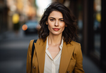 portrait of a beautiful business woman wearing a brown blazer and white shirt, with dark hair in a bob style, walking on the street, with a blurred background, business casual outfit 