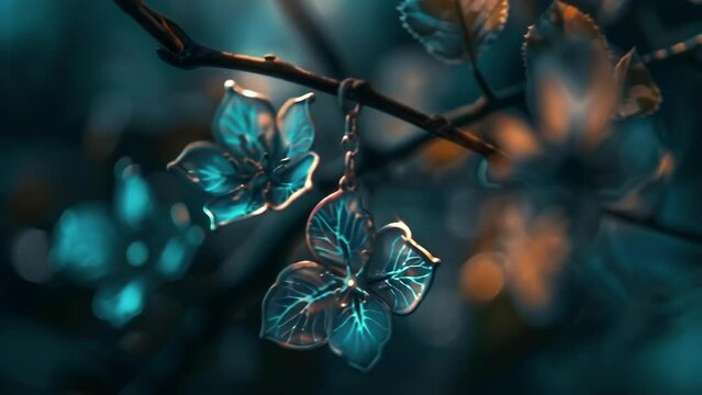 The intricate details of a photoluminescent pendant are revealed in a closeup as delicate flowers and leaves are outlined in a soft turquoise glow.