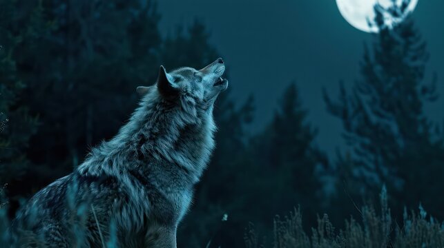 howling wolf at night, with copy space.