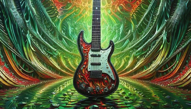 fanciful images like this spiky electric guitar in front of a psychedelic green background