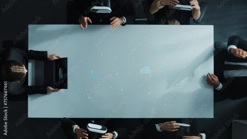 Poster top down aerial view of diverse business team wear vr headset and connect with cloud server while si