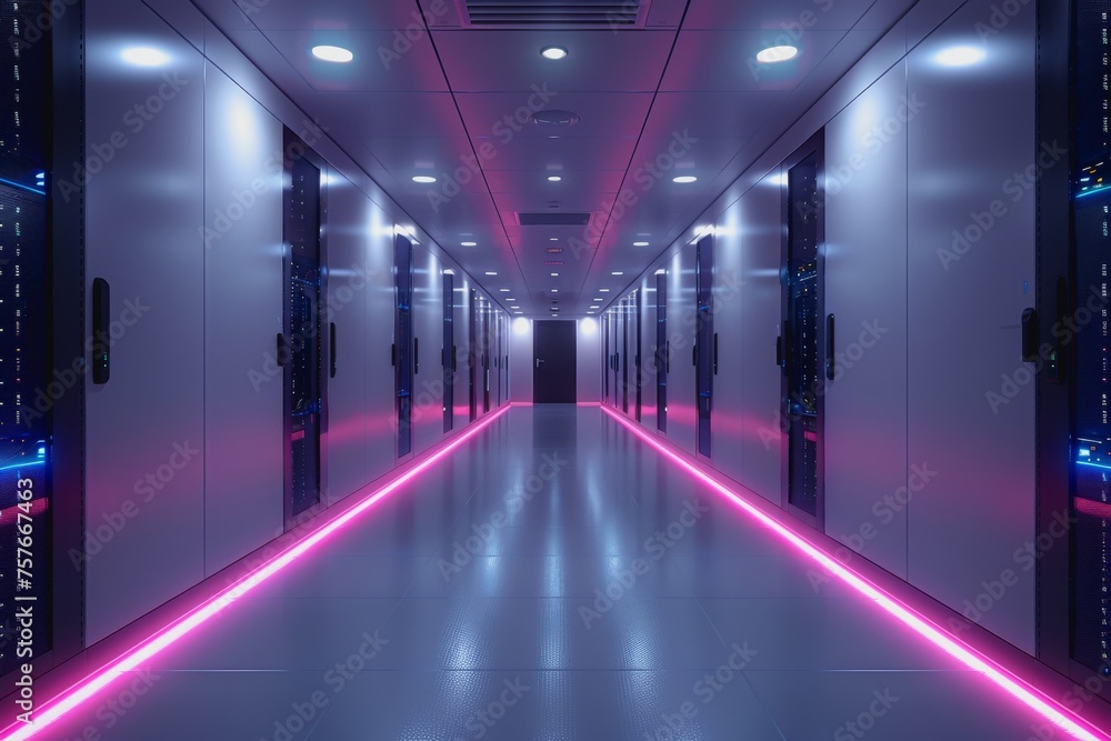 Poster a data center server room with soft light, a modern design with neat cables in the racks.