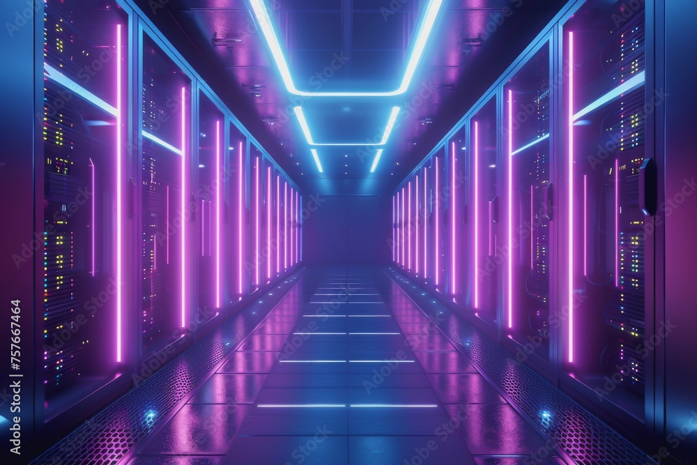 Poster a data center server room with soft light, a modern design with neat cables in the racks.