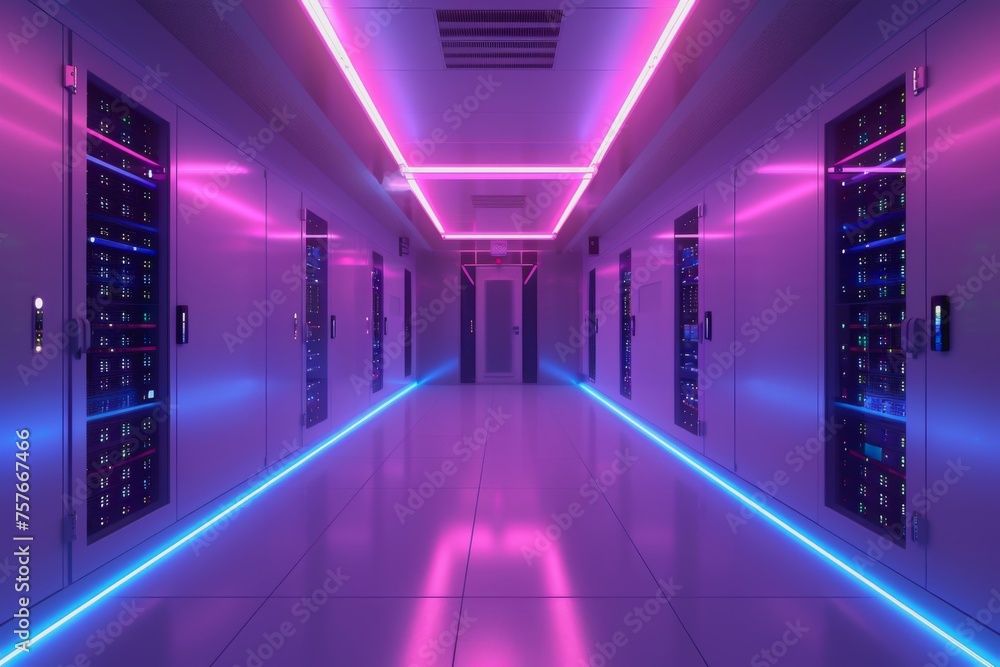 Poster a data center server room with soft light, a modern design with neat cables in the racks.