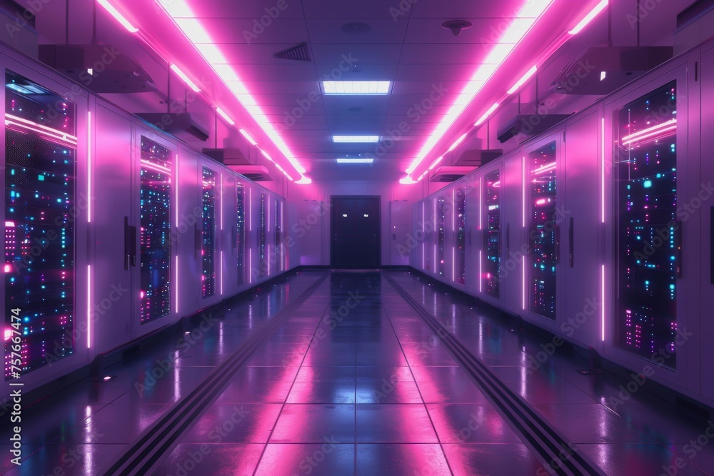 Poster a data center server room with soft light, a modern design with neat cables in the racks.