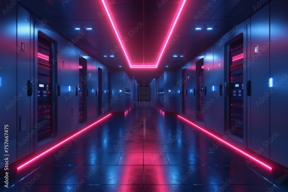 Poster a data center server room with soft light, a modern design with neat cables in the racks.