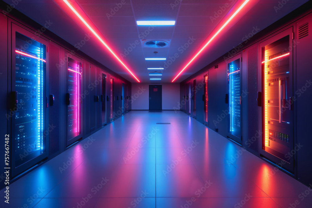 Poster a data center server room with soft light, a modern design with neat cables in the racks.
