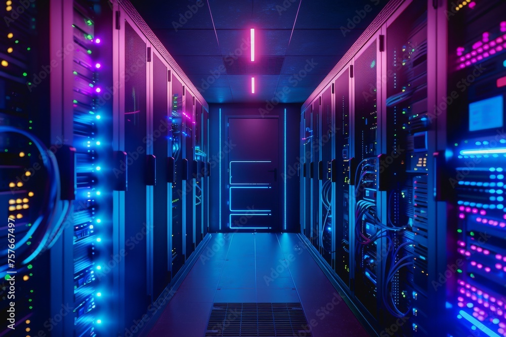 Poster a data center server room with soft light, a modern design with neat cables in the racks.