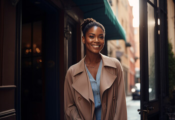 portrait of beautiful smiling black woman in beige trench coat walking on the street, looking at camera and posing for photo while standing outside coffee shop in New York City during sunny day