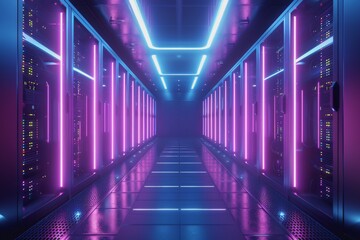 Fototapeta premium A data center server room with soft light, a modern design with neat cables in the racks.