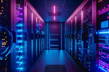 A data center server room with soft light, a modern design with neat cables in the racks.