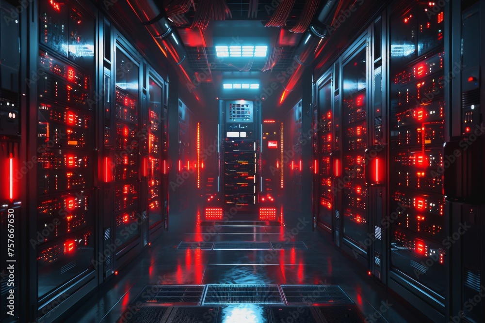 Poster a data center server room with soft light, a modern design with neat cables in the racks.
