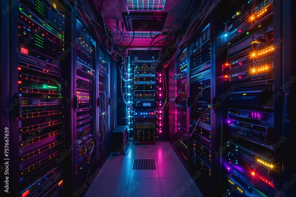 Poster a data center server room with soft light, a modern design with neat cables in the racks.
