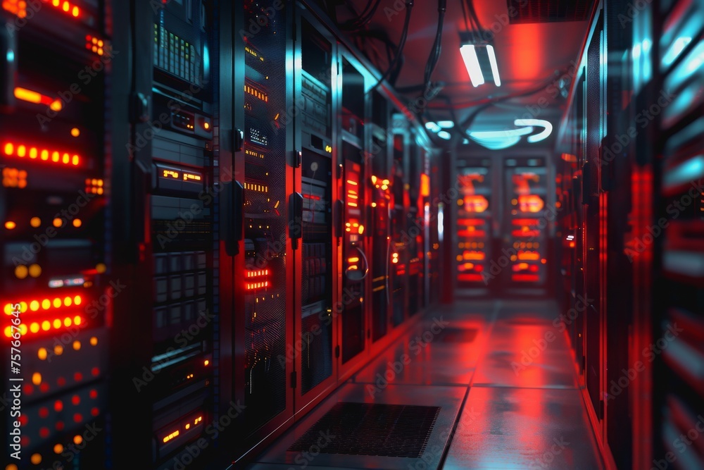 Poster a data center server room with soft light, a modern design with neat cables in the racks.