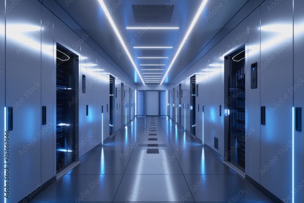 Poster a data center server room with soft light, a modern design with neat cables in the racks.