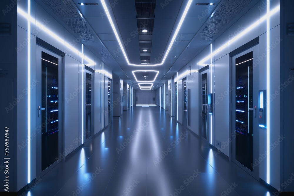 Poster a data center server room with soft light, a modern design with neat cables in the racks.