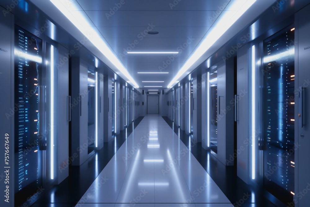 Poster a data center server room with soft light, a modern design with neat cables in the racks.
