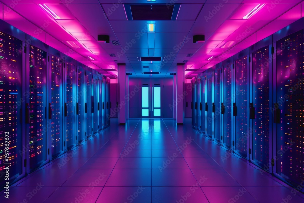 Poster a data center server room with soft light, a modern design with neat cables in the racks.