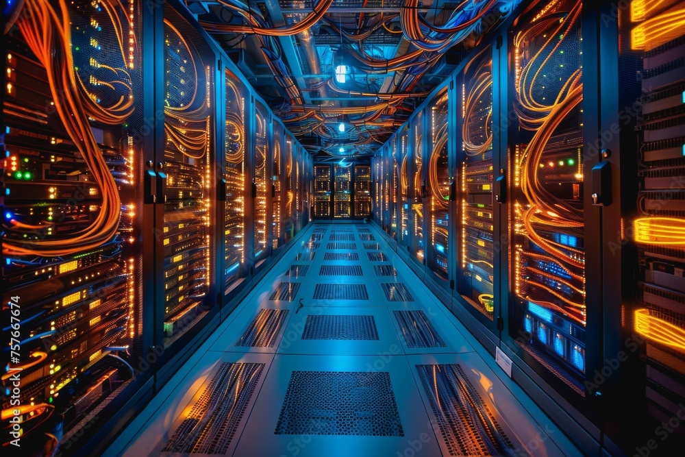 Poster a data center server room with soft light, a modern design with neat cables in the racks.