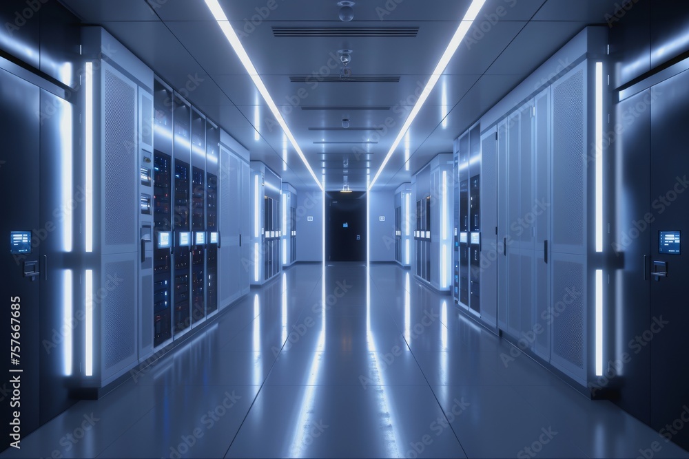 Poster a data center server room with soft light, a modern design with neat cables in the racks.
