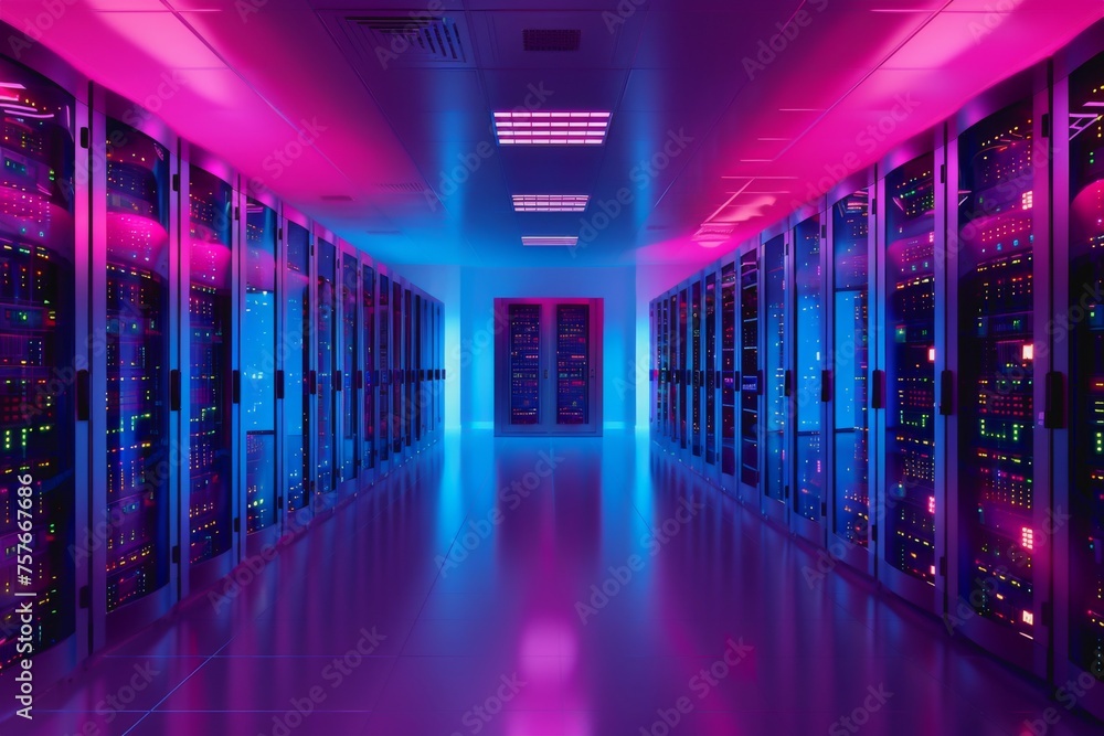 Poster a data center server room with soft light, a modern design with neat cables in the racks.