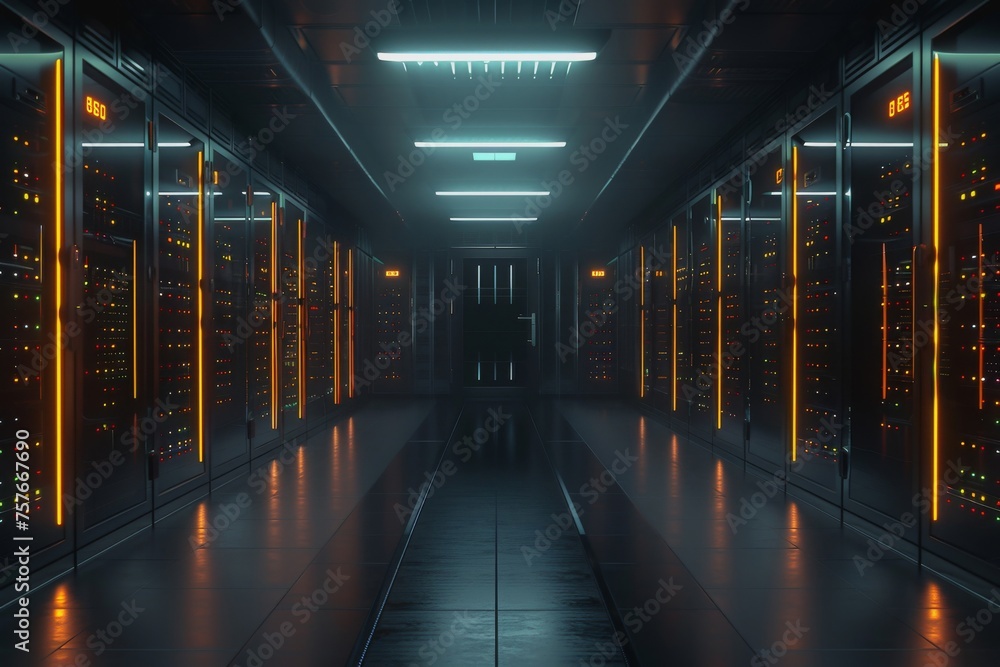 Poster a data center server room with soft light, a modern design with neat cables in the racks.