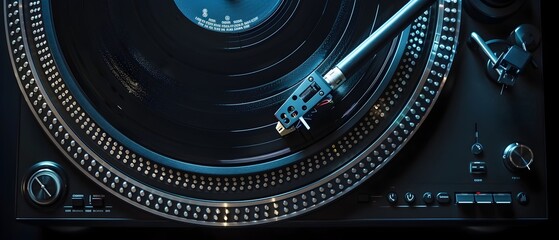 Highly Detailed Top View of Turntable with Vinyl Record and Needle in Focus, Hyperrealistic Style