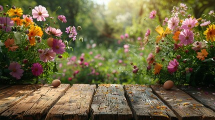 Wooden table with easter or spring theme blurred background , eggs and colorful flowers with copy space