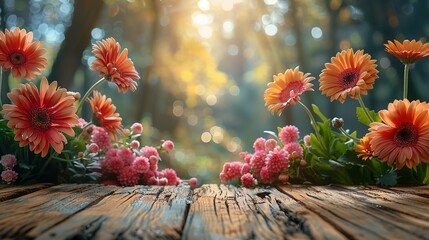 Wooden table with easter or spring theme blurred background , eggs and colorful flowers with copy space - obrazy, fototapety, plakaty