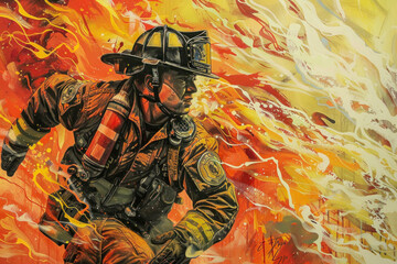 Brave Firefighter in Action Against a Backdrop of Intense Flames and Fiery Inferno